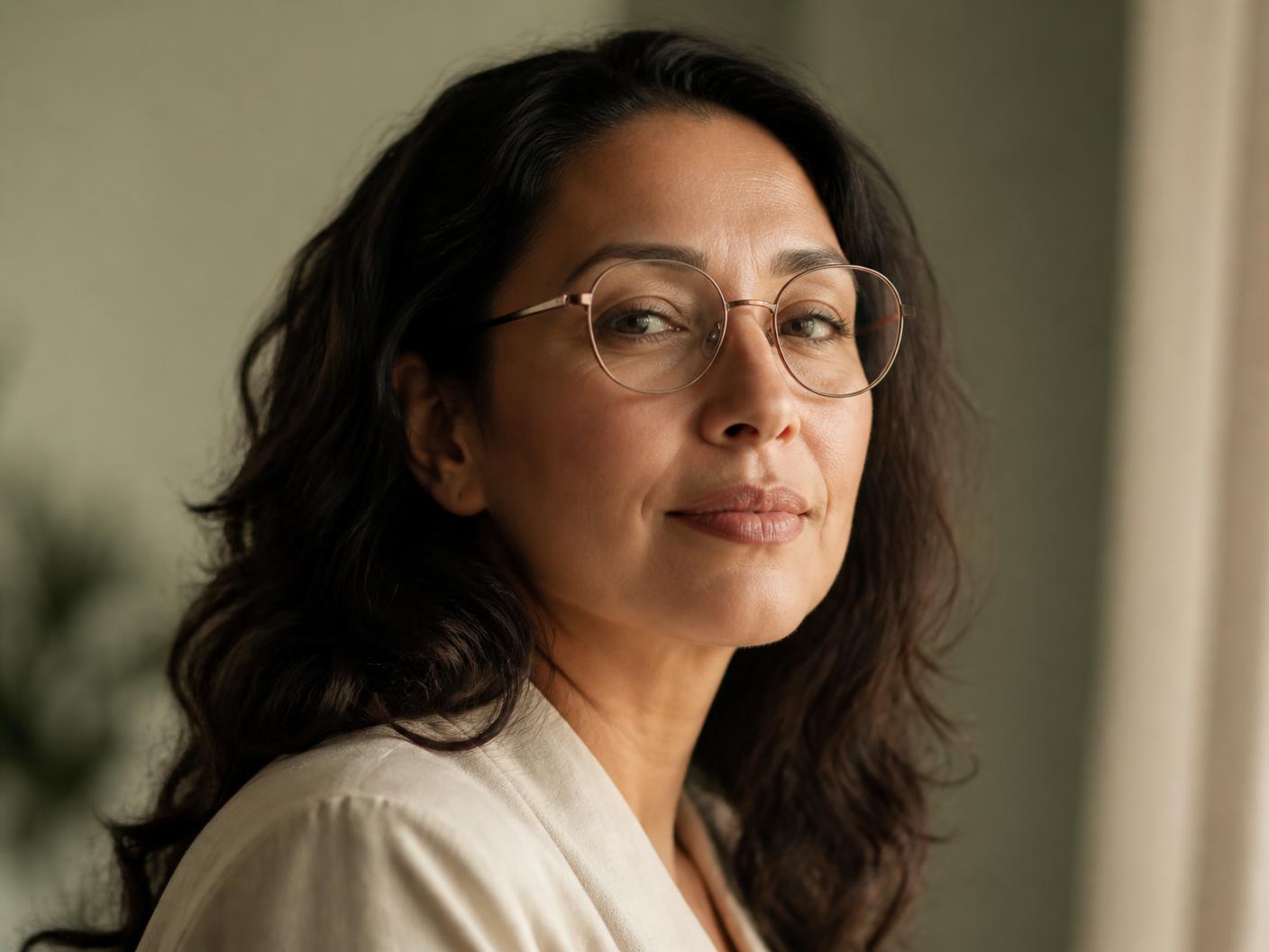 A patient wearing lightweight metal eyeglasses chosen at MC Eye Center